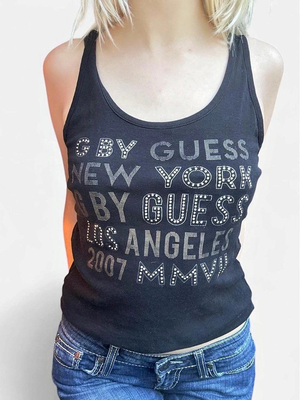 Y2K early 2000s G by Guess Graphic Racerback Tank Black Size Medium